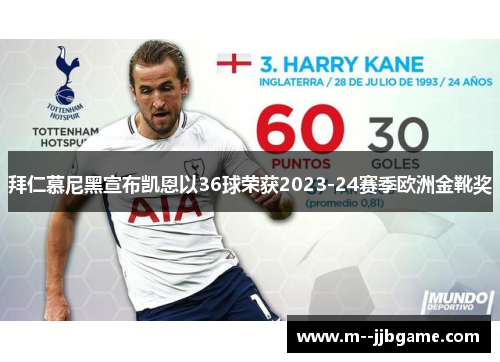 拜仁慕尼黑宣布凯恩以36球荣获2023-24赛季欧洲金靴奖