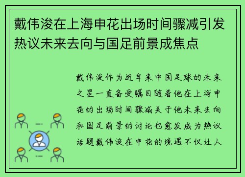 戴伟浚在上海申花出场时间骤减引发热议未来去向与国足前景成焦点